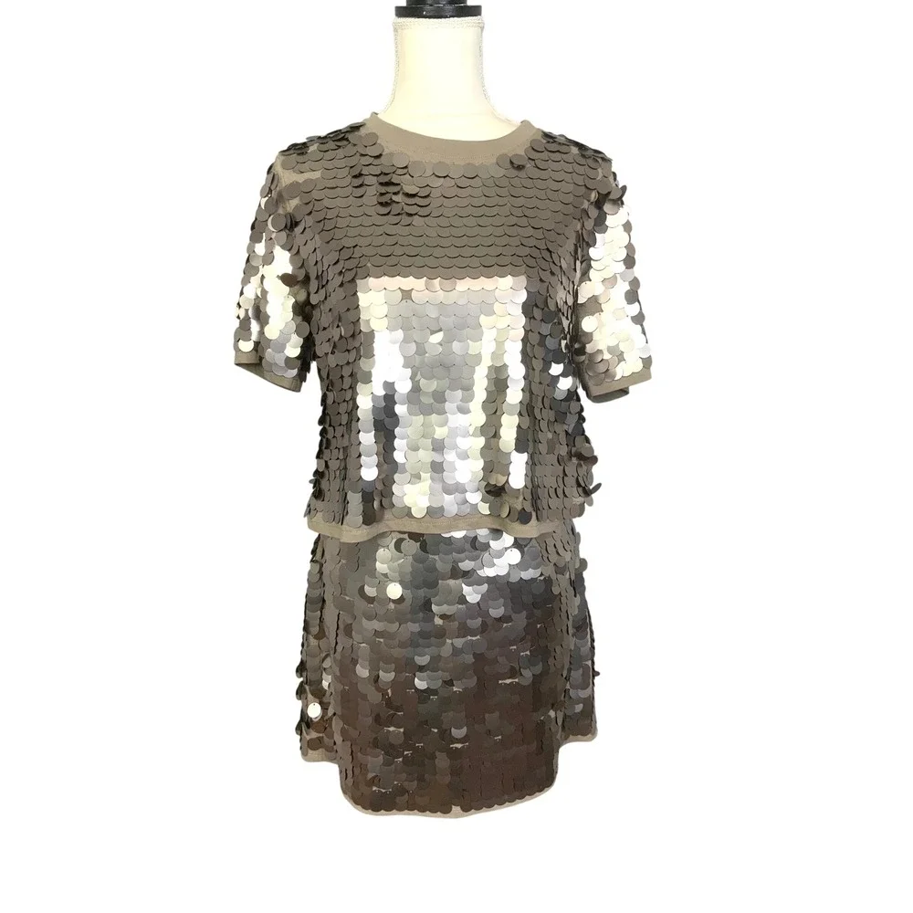J. Crew Collection Sz Small Taupe Gray Paillette Sequin Skirt Top Set Outfit